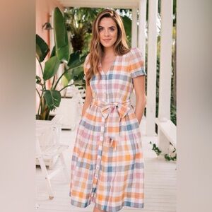 Gal Meets Glam Colorful Poppy Plaid Linen Blend Midi Shirtdress Women's Size 4